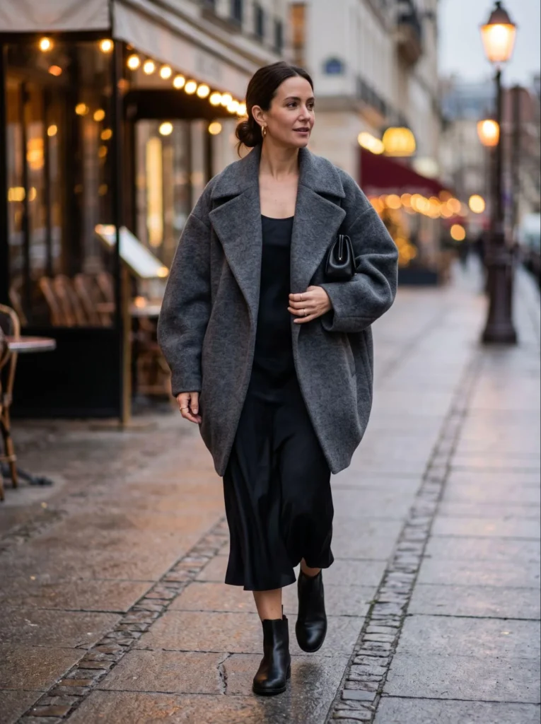 Cocoon Coat Over a Simple Black Dress