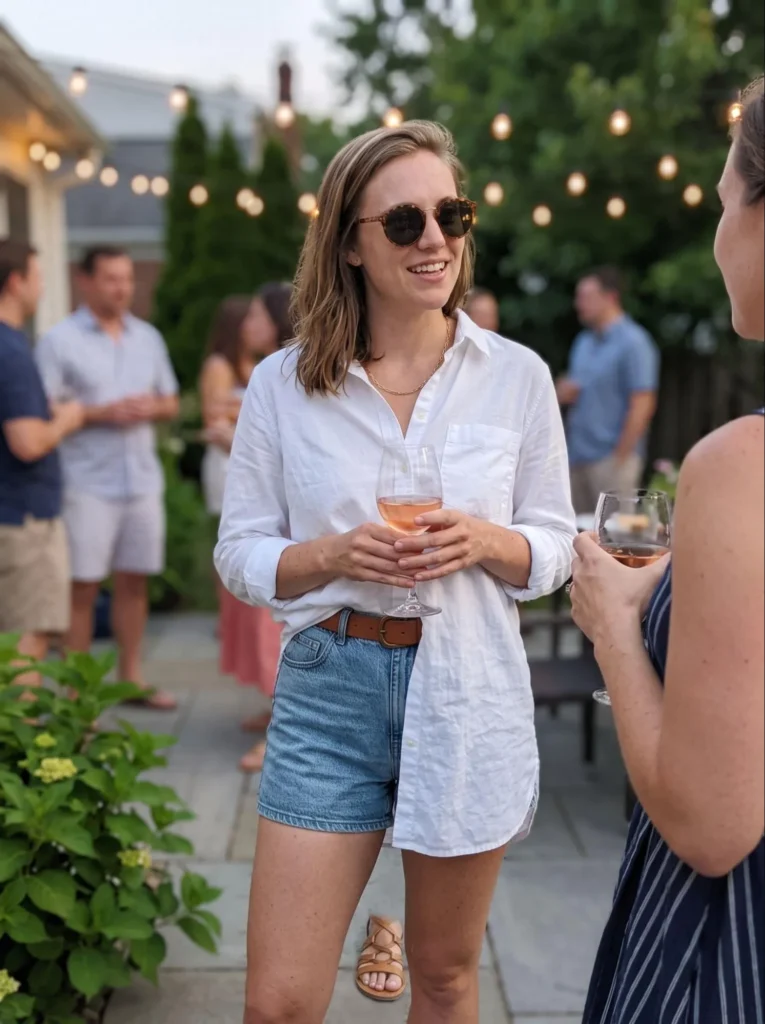 Denim Shorts With a Classic White Button-Down Shirt