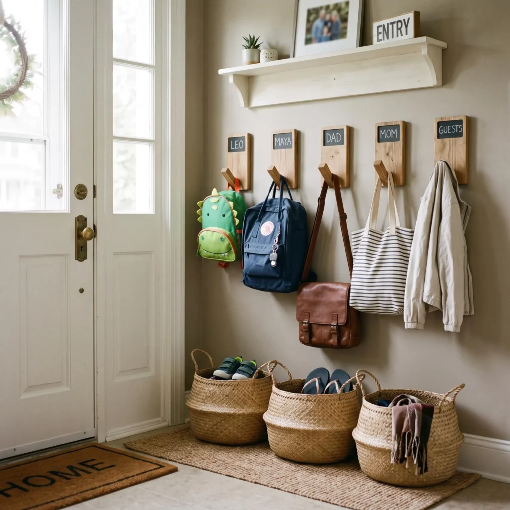 Wall-Mounted Backpack Hooks Near the Entryway