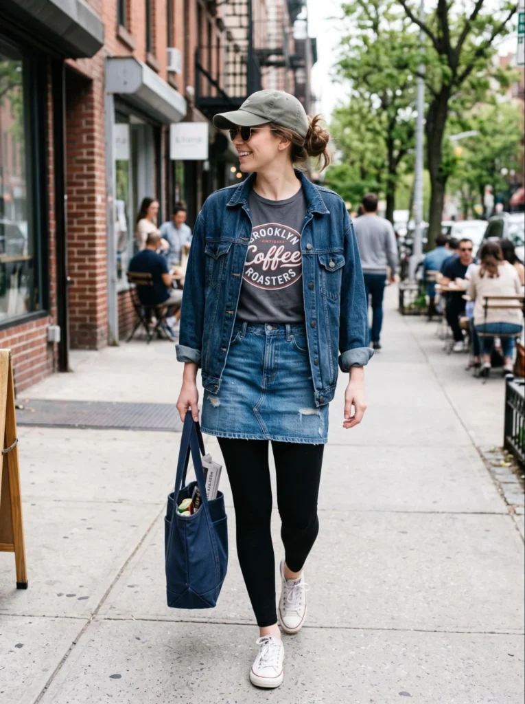 Denim Skirt with Leggings and a Graphic Tee