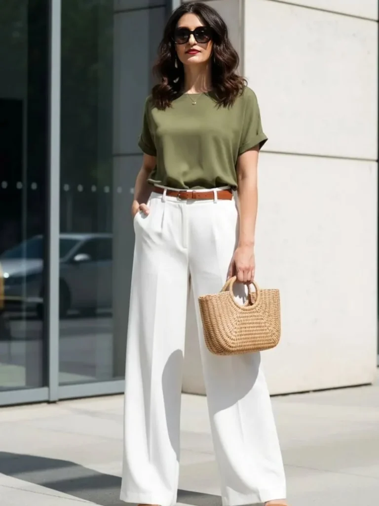 Olive Green Top With White Wide Leg Pants