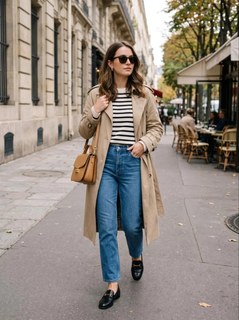 beige trench coat is one of the easiest pieces for elevating simple blue jeans. Wear straight-leg denim with a fitted white T-shirt, striped knit, or lightweight black sweater and layer the trench loosely over the outfit.
