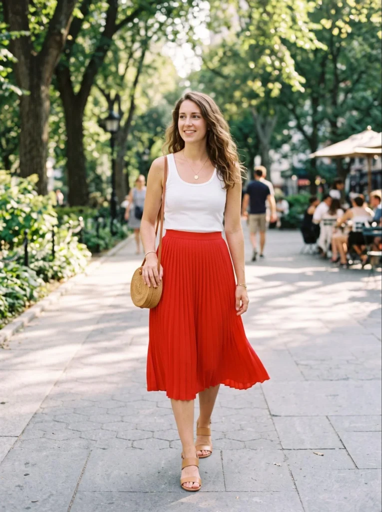 White Tank Top With Red Skirt