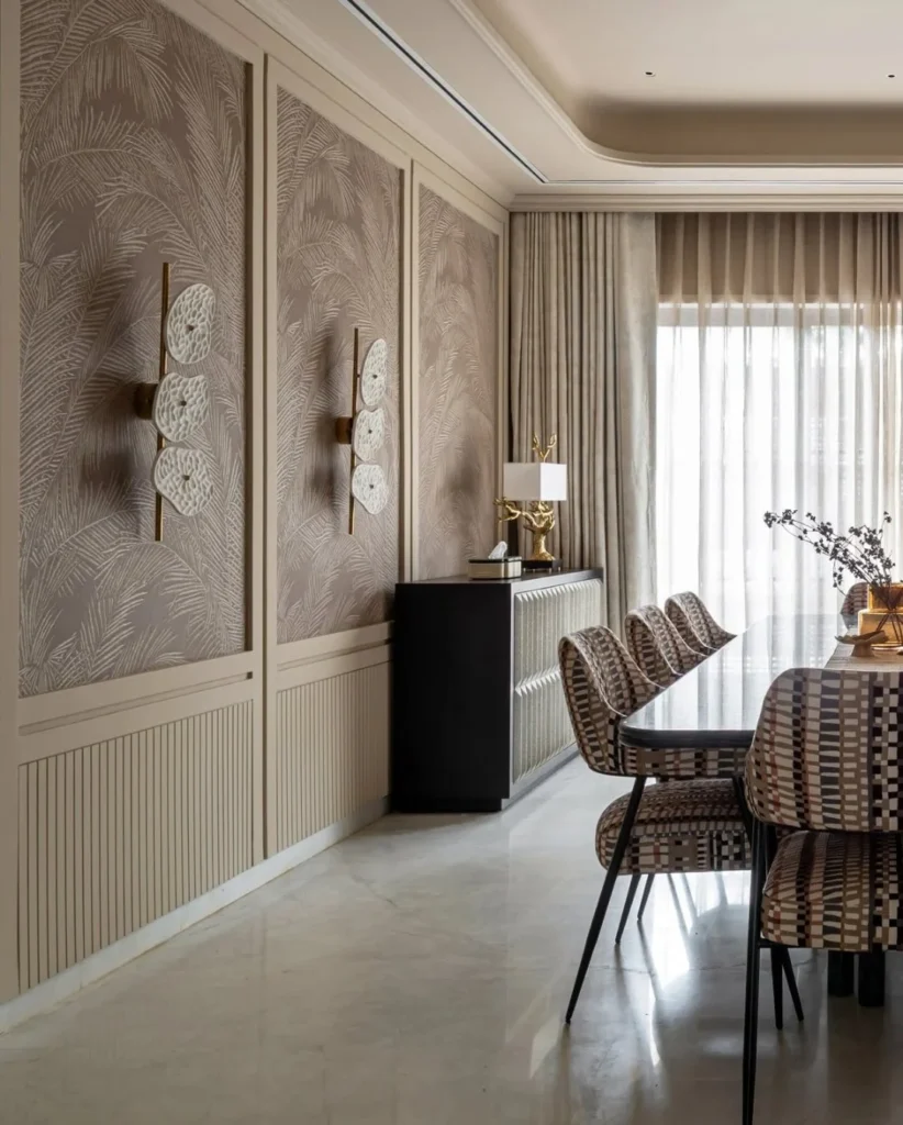  Framed Botanical Wallpaper with Sculptural Wall Decor 