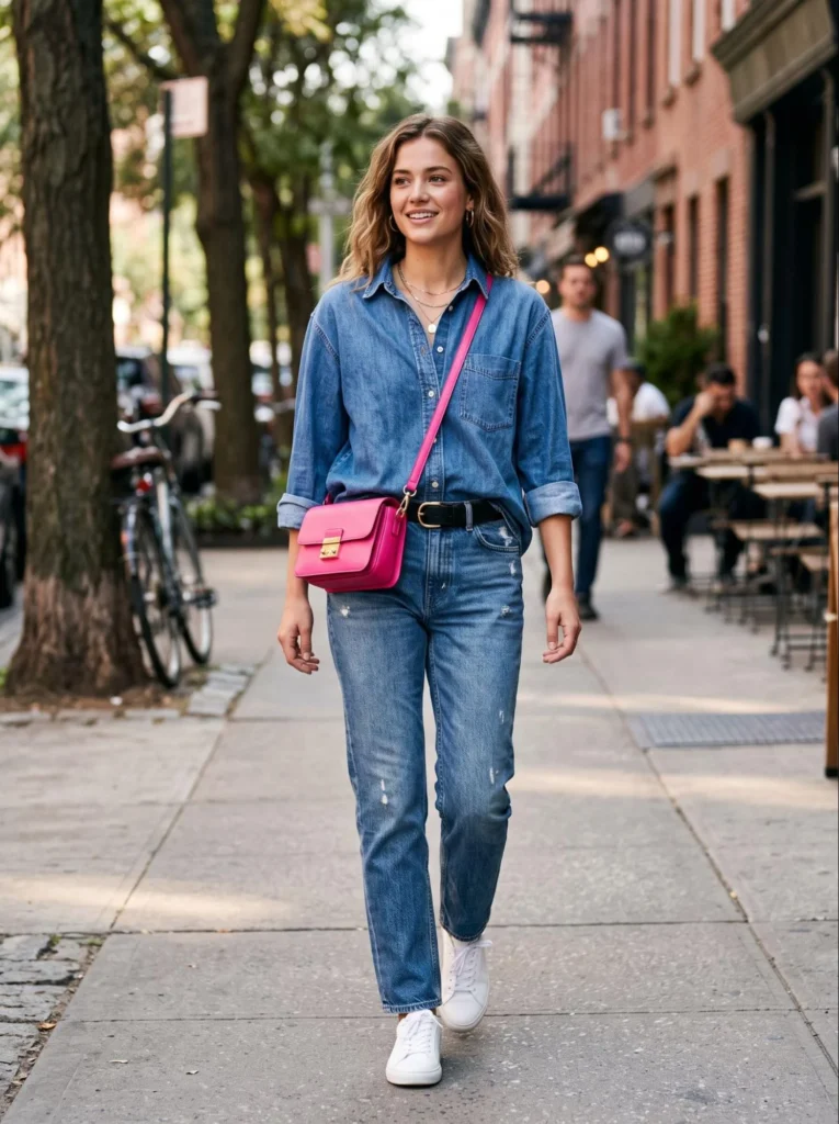 Denim-on-Denim with a Pop of Color