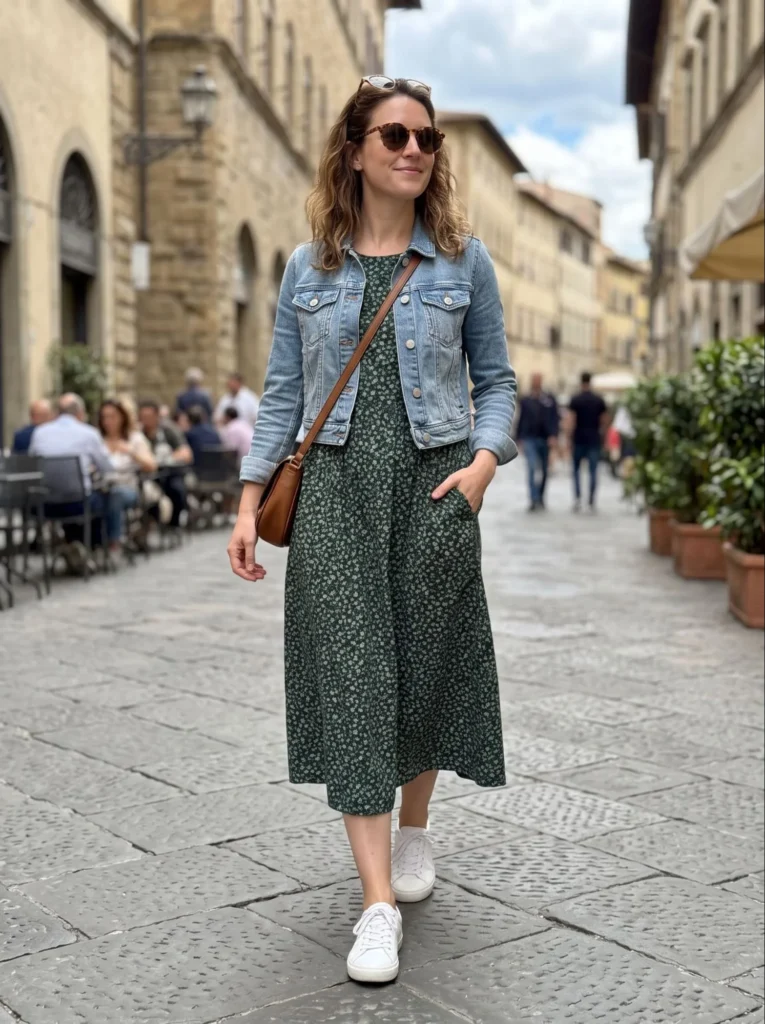 Midi Dress with a Denim Jacket and Sneakers