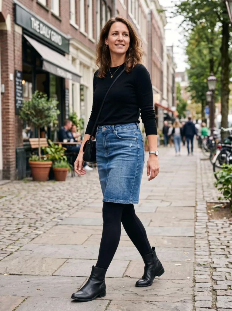 Denim Skirt with Black Leggings and Ankle Boots