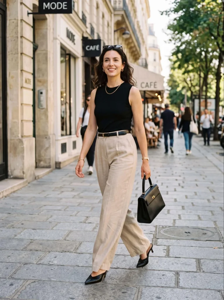 Beige Wide Leg Pants With a Black Top