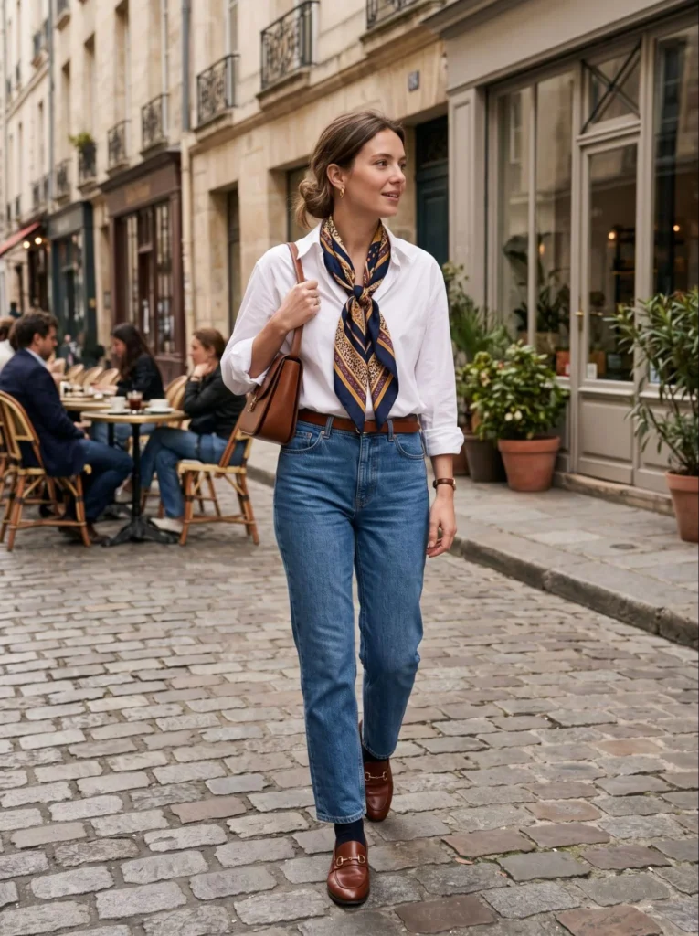 Straight Jeans With Loafers and a Silk Scarf