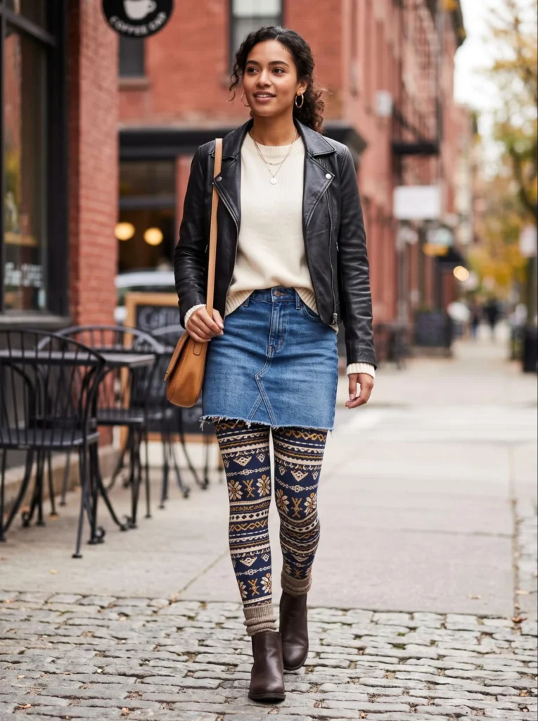 Denim Skirt with Patterned Leggings