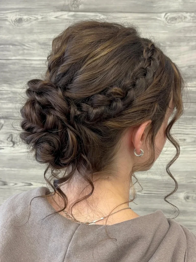 Braided Low Bun with Loose Curls for Medium Hair