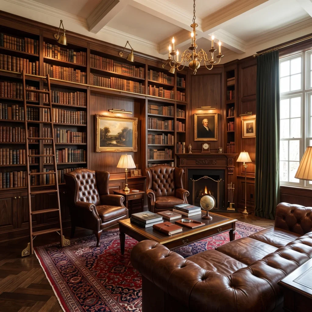 Luxury Home Library With Leather Furniture