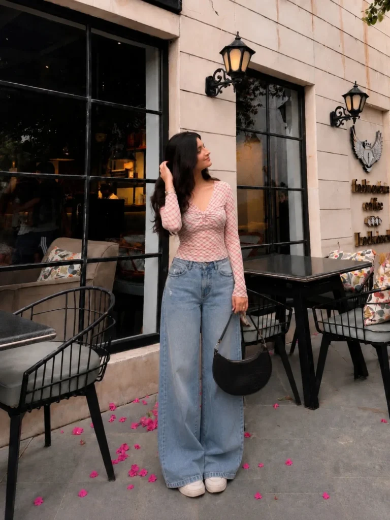 Pink Checkered Top with Light-Wash Wide-Leg Jeans