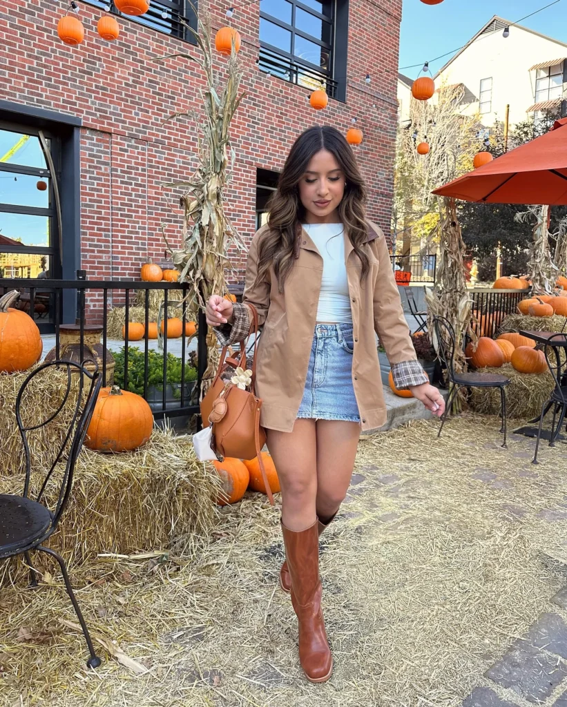 Tan Jacket with Denim Mini Skirt and Knee-High Bootsv