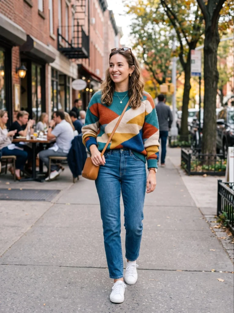  Intarsia Sweater with Straight-Leg Jeans