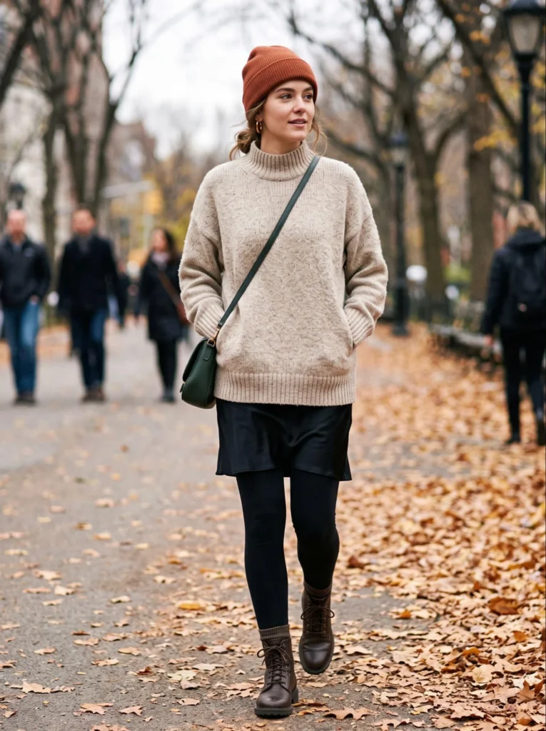 Slip Skirt with Leggings and an Oversized Sweater