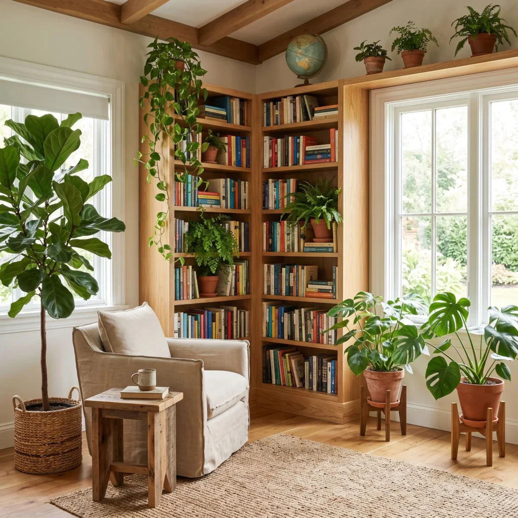 Outdoor-Inspired Home Library With Plants