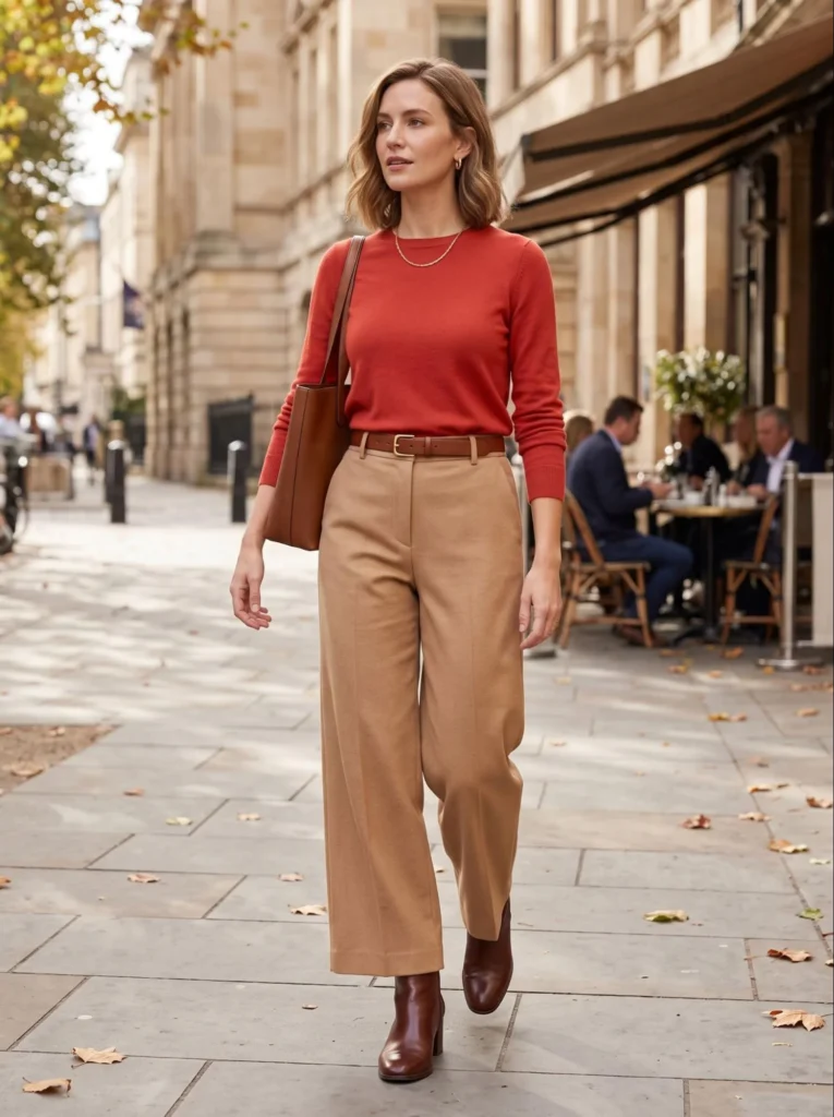 Tomato Red Sweater with Camel Trousers and Ankle Boots
