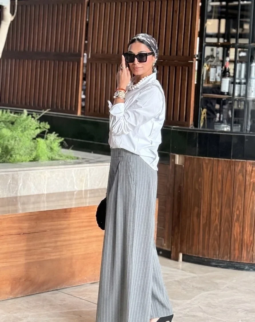 White Shirt With Striped Wide Leg Pants 