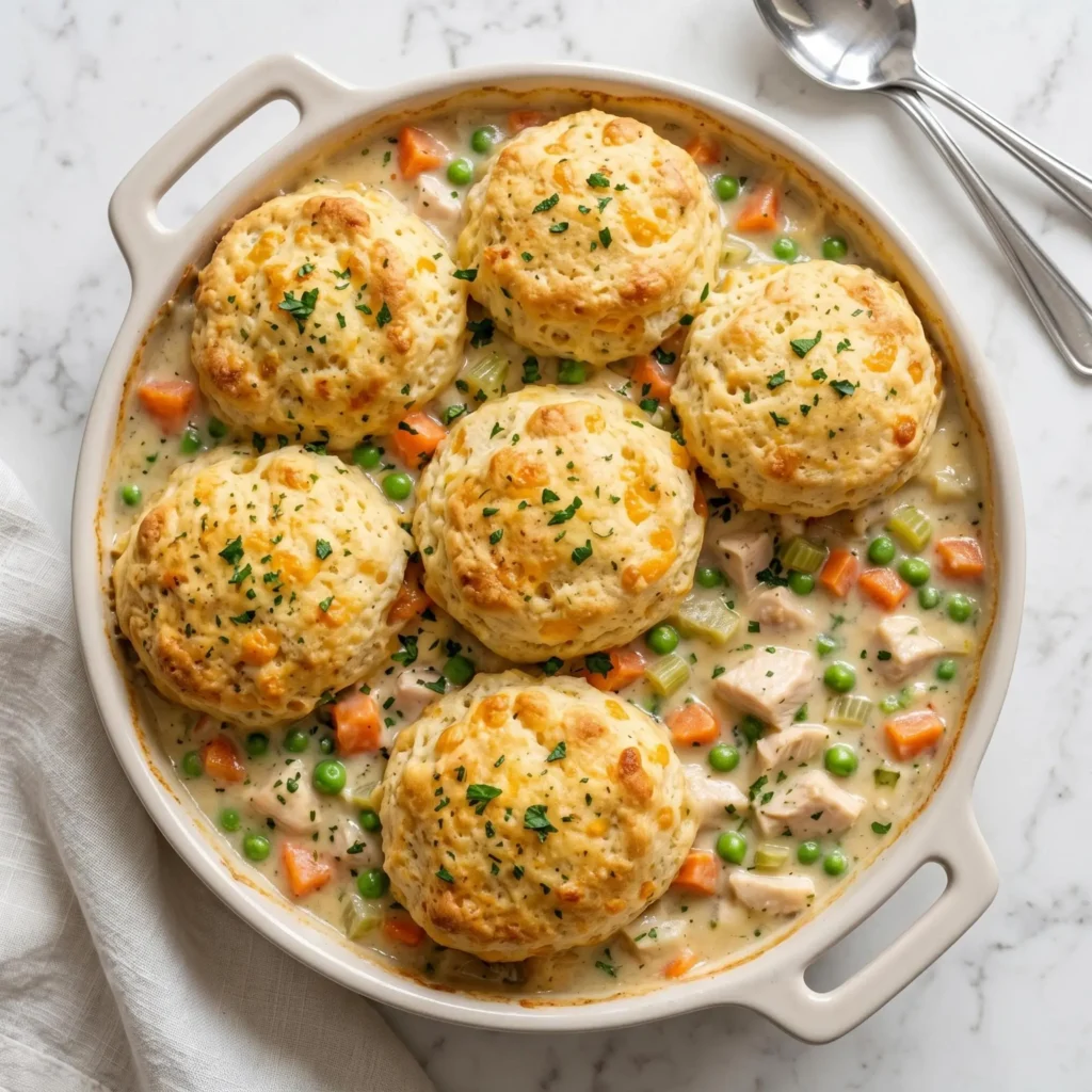 This cheddar bay biscuit chicken pot pie recipe is the perfect comforting dinner for chilly nights when only something warm and hearty will do. It combines a rich, creamy chicken and vegetable filling with fluffy, cheesy biscuits baked right on top, creating a dish that's every bit as satisfying as your favorite seafood restaurant's famous rolls, but turned into a full meal. 