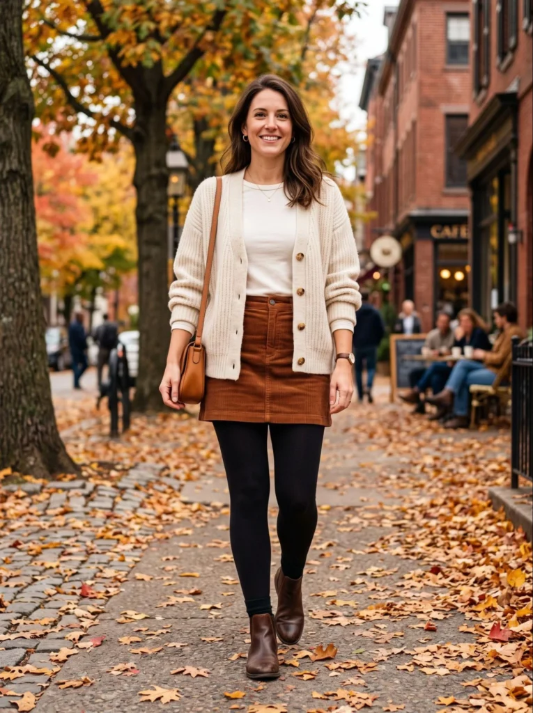 Corduroy Skirt with Leggings and a Cardigan