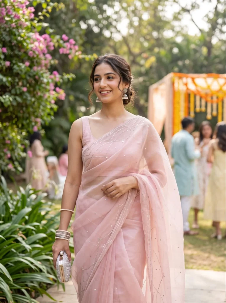 Pastel Organza Saree for Daytime Functions