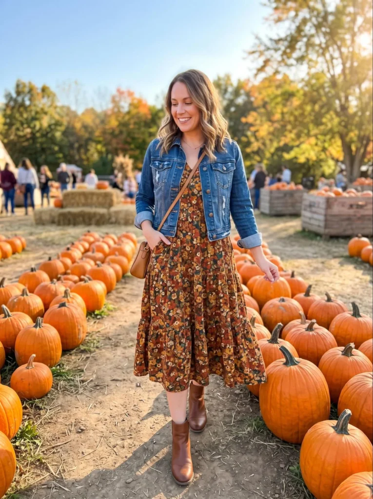 Flowy Midi Dress with a Denim Jacket