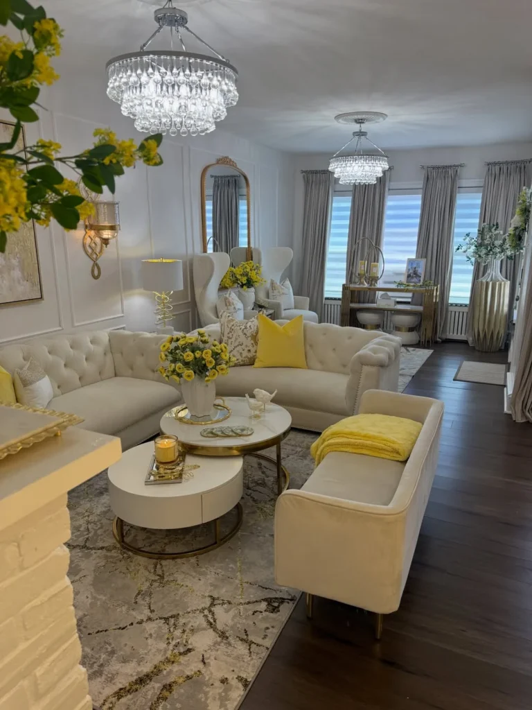 Glamorous Neutral Living Room with Crystal Chandeliers 