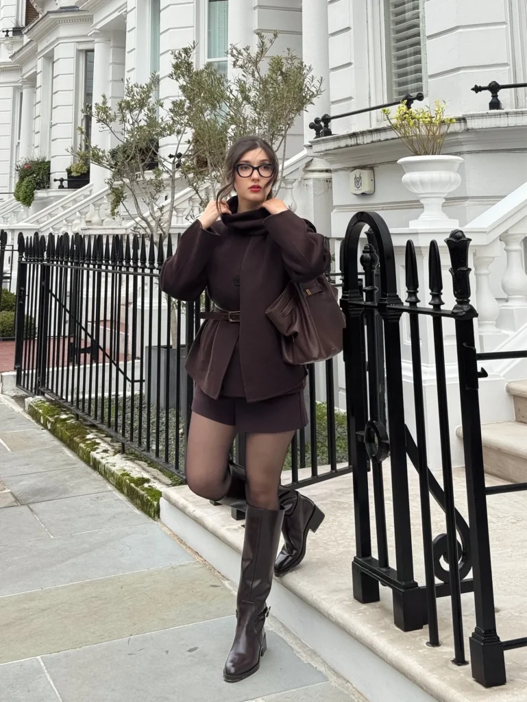 Monochrome Brown Jacket with Shorts and Knee-High Boots 