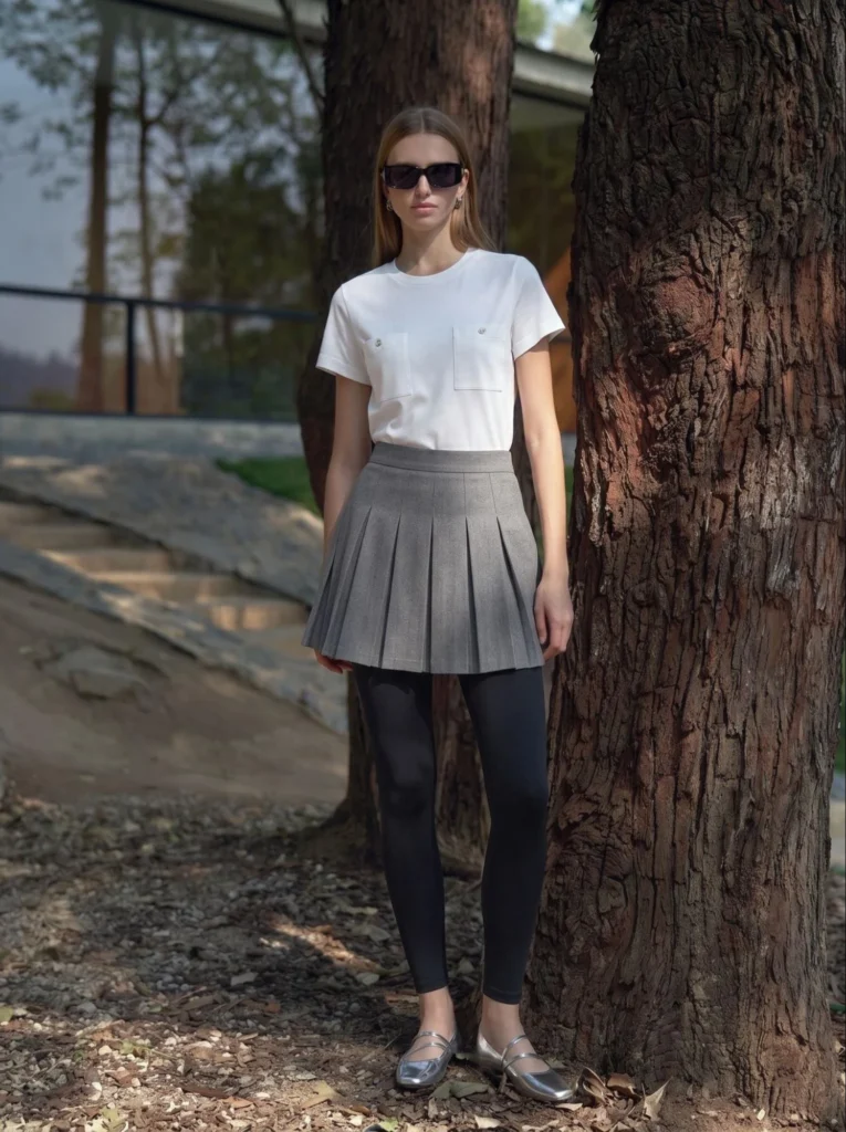 Pleated Mini Skirt and Leggings Look