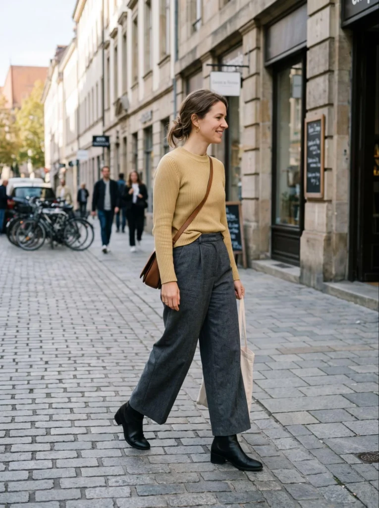 Wide-Leg Trousers with a Fitted Sweater