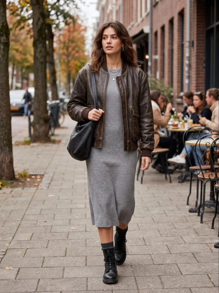  Leather Bomber Jacket with a Knit Dress