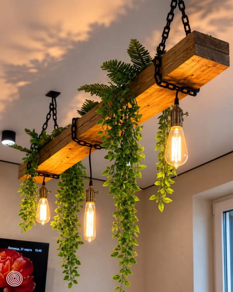 Rustic Wooden Pendant Lighting with Greenery
