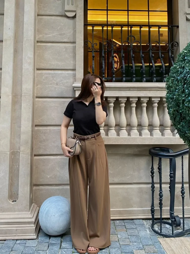 Black Top With Brown Wide Leg Pants 