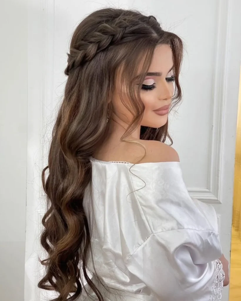 Half-Up Crown Braid with Long Loose Waves 