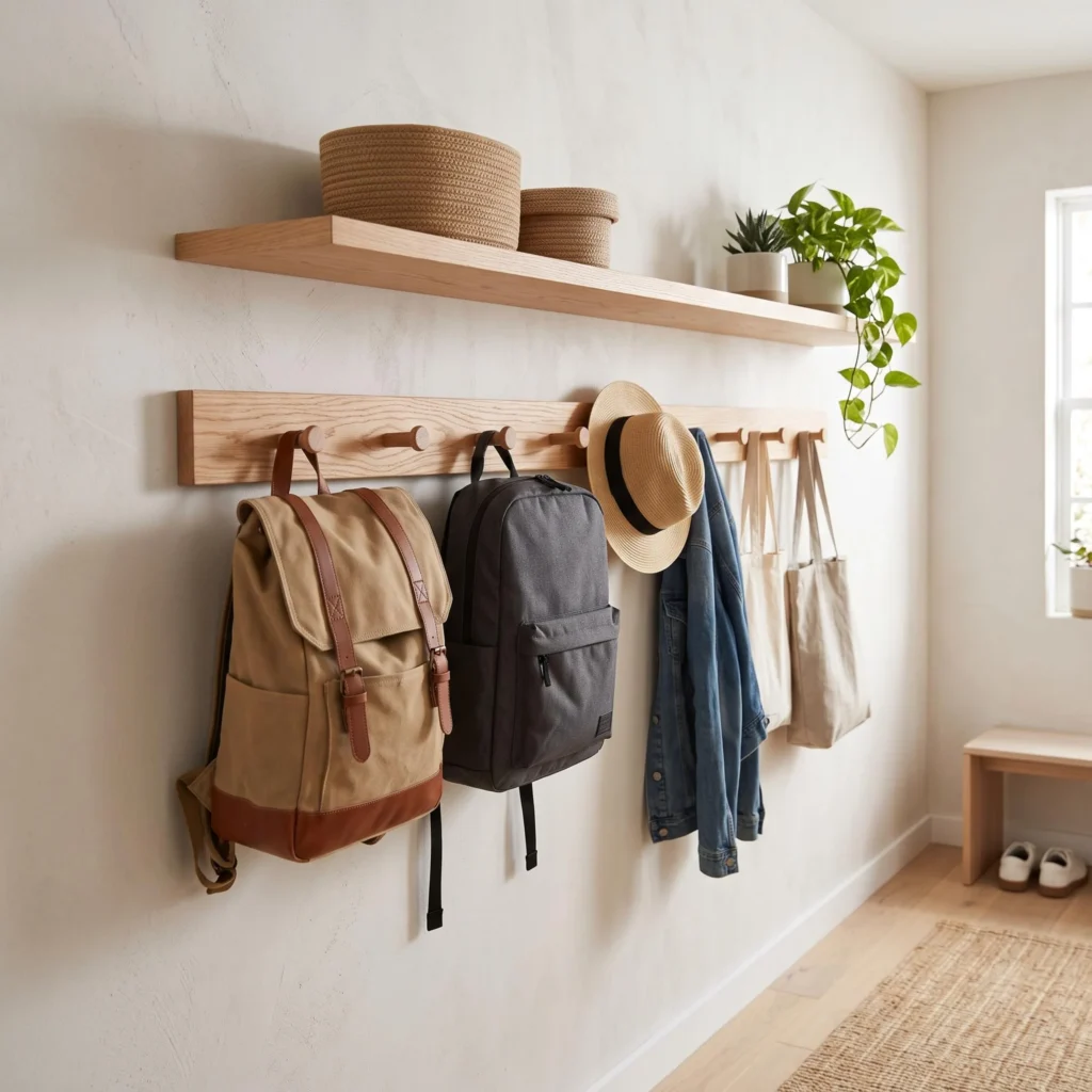 Wooden Peg Rail Backpack Storage