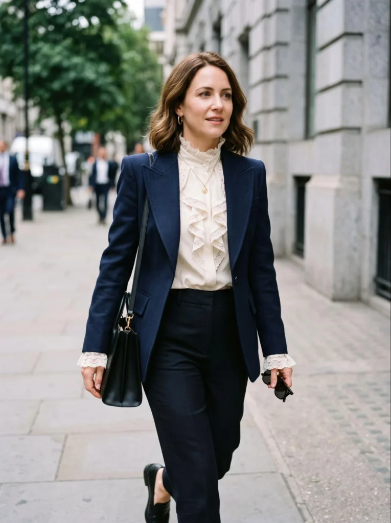 Ruffled Blouse Under a Structured Blazer