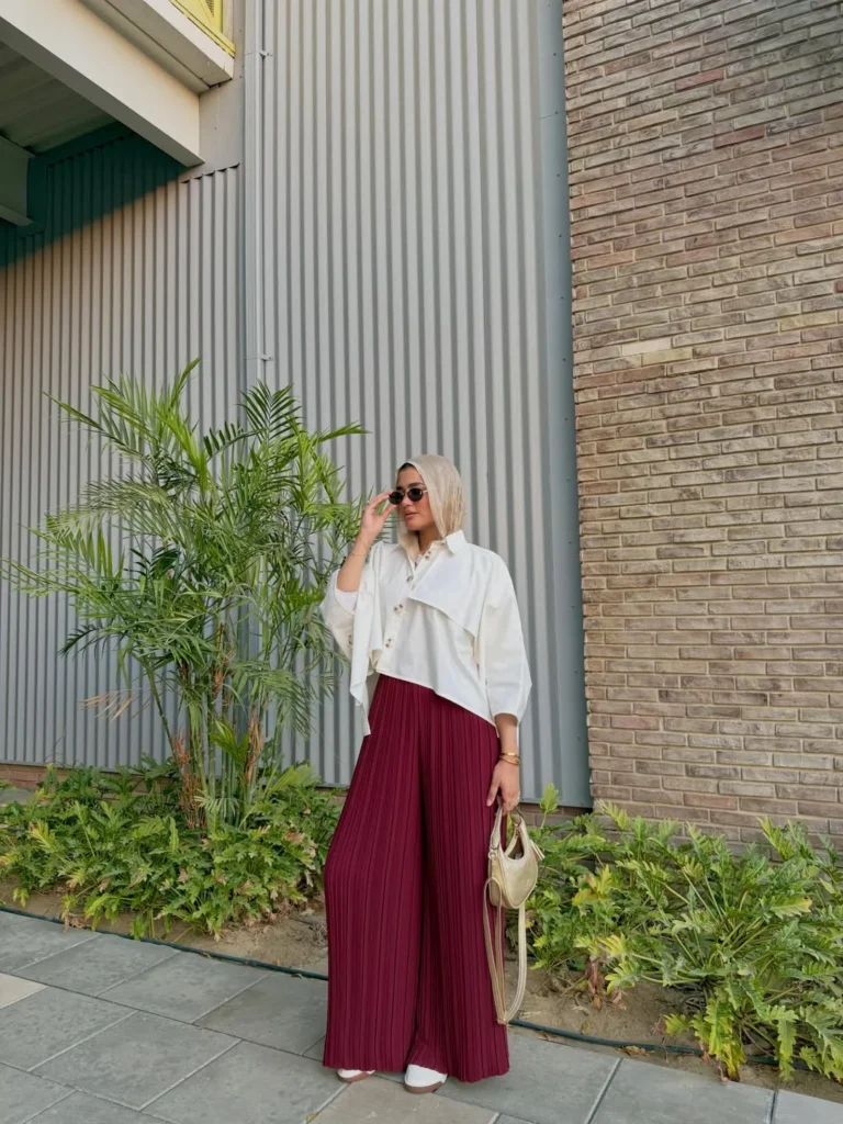 White Cropped Shirt With Pleated Wide Leg Pants 