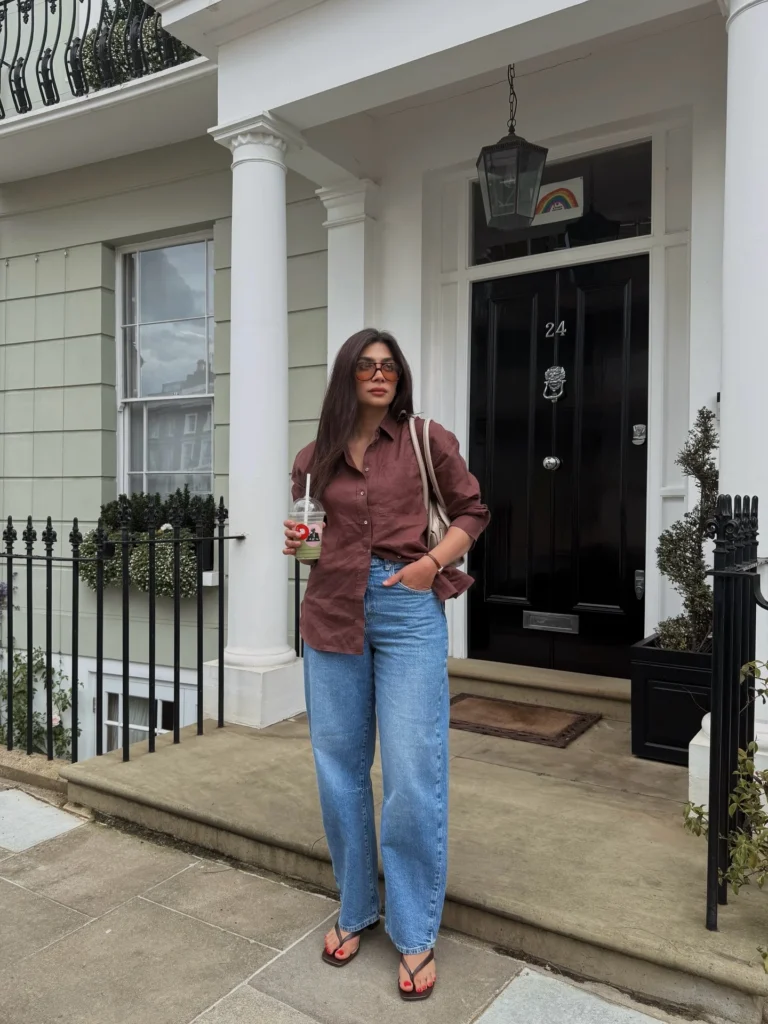 Brown Button-Up Shirt With Wide Leg Jeans
