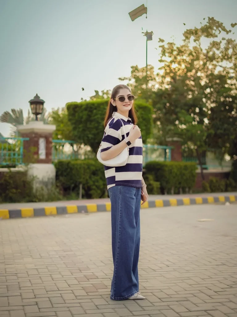 Striped Polo Shirt with Wide-Leg Blue Jeans