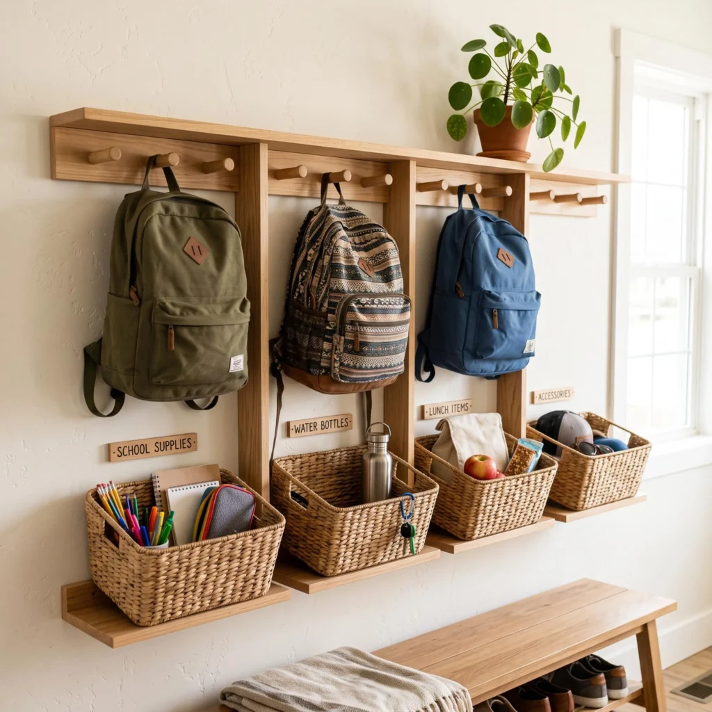 Stylish Backpack Storage Wall With Baskets