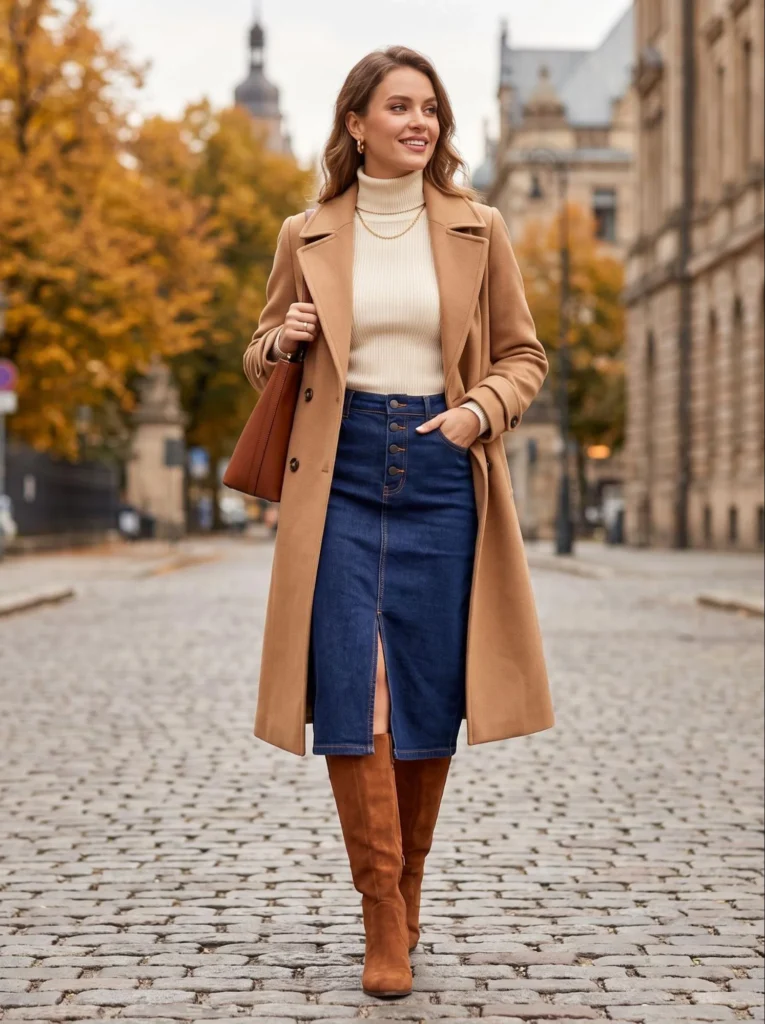Denim Midi Skirt with a Turtleneck