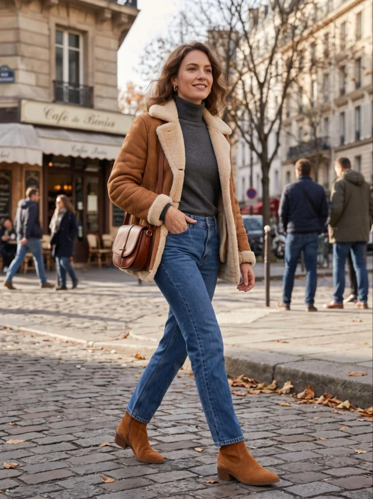 Shearling Jacket with Straight-Leg Jeans and a Turtleneck