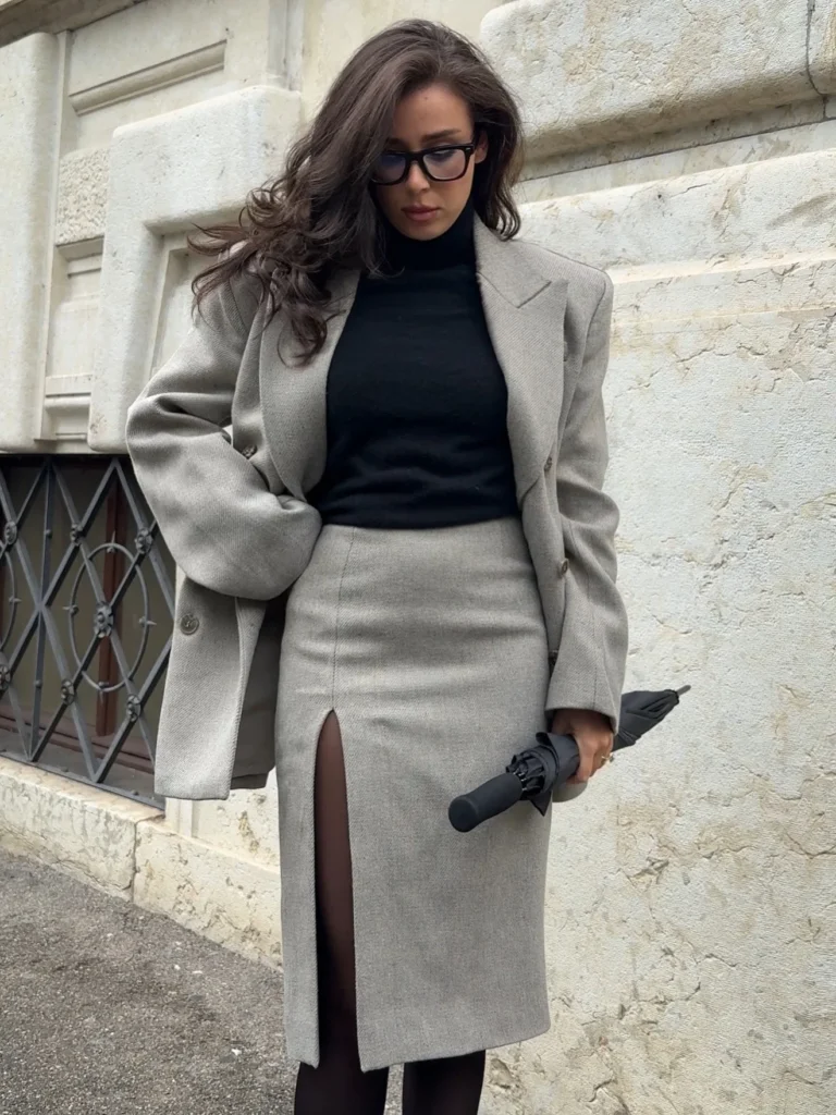 Black Turtleneck With Beige Skirt and Blazer
