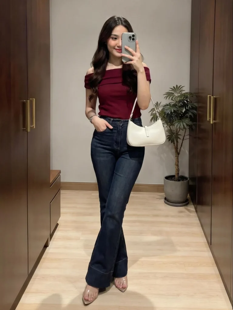 Burgundy Off-Shoulder Top with Dark Flared Jeans

