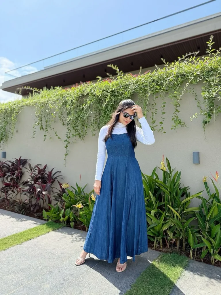 Denim Maxi Pinafore Dress Outfit