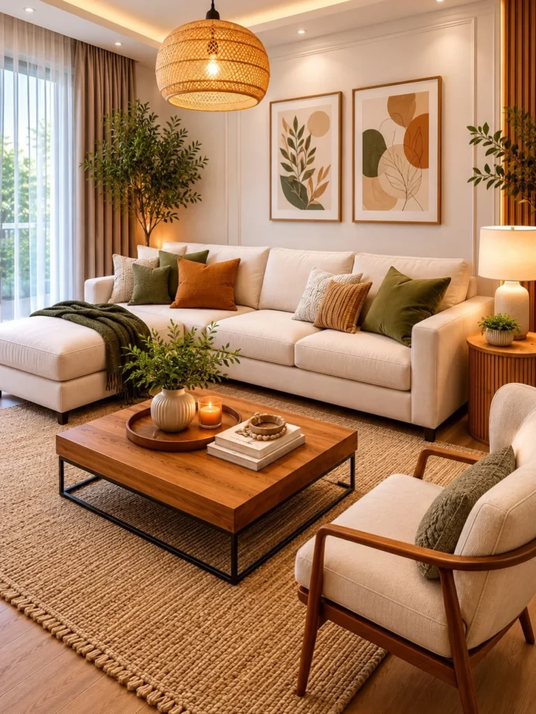 Warm Modern Luxury Living Room with Natural Wood Accents