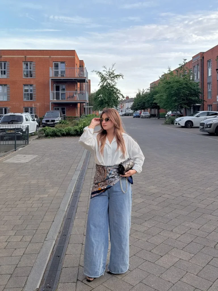 White Blouse with Wide-Leg Jeans and Printed Scarf 