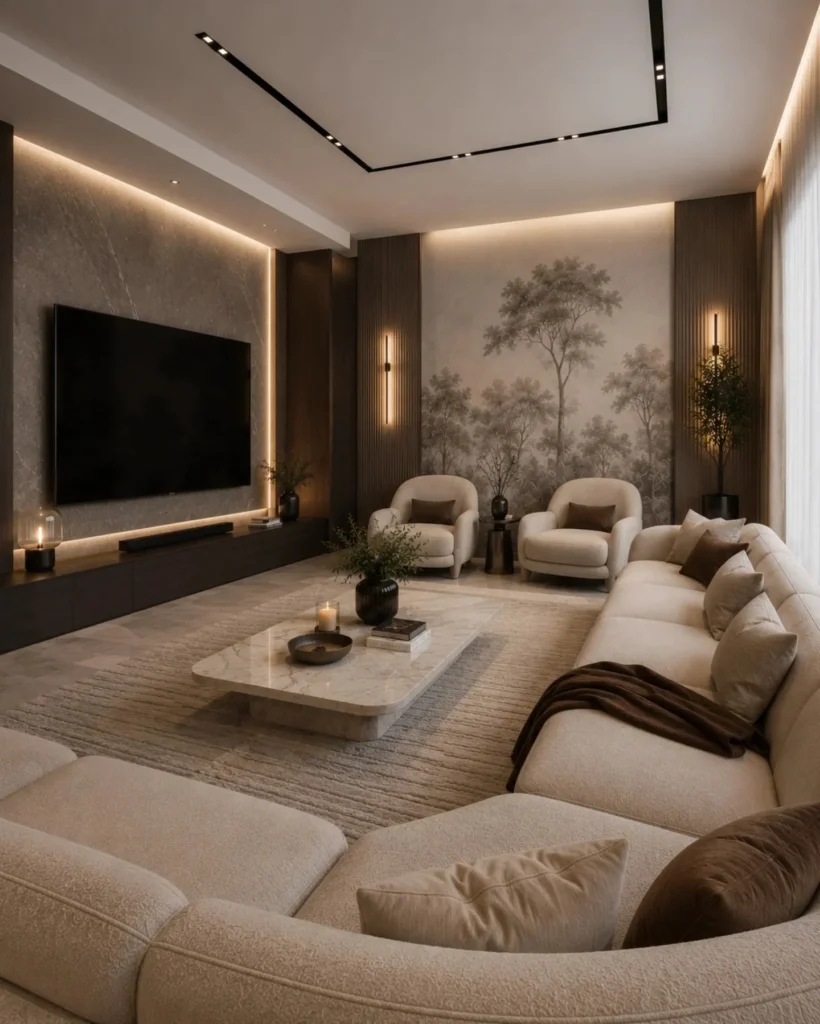 Warm Minimalist Living Room with Scenic Wall Mural