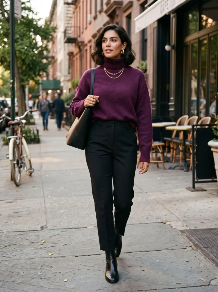 Deep Purple Turtleneck with Black Trousers